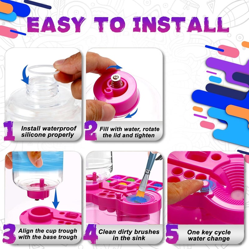 ACGASK 3-in-1 Paint Brush Cleaner Cup – Water Recycling Rinser with Holder & Palette | Multifunctional Acrylic Paint Water Cup for Kids & Artists | Art Supplies for Painting Station，Purple-red - Image 4